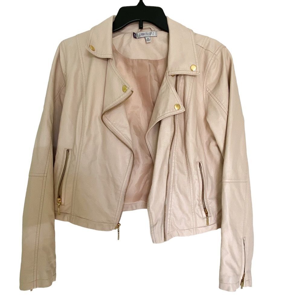 Jennifer Lopez Tan Faux Leather Moto Jacket Zip Front Collared Long Sleeve M